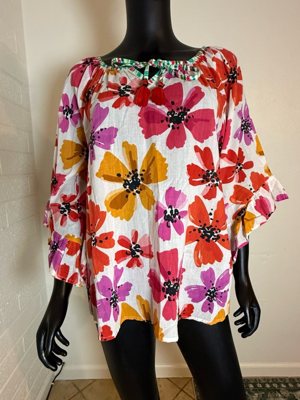 LulaLife XS Floral Boho Cotton Tassel Blouse